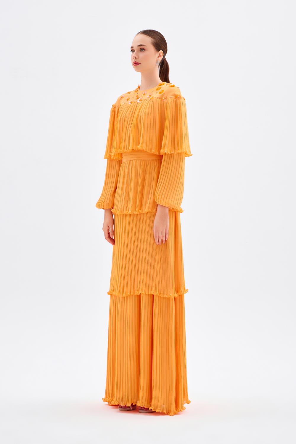 Papatya İşlemeli Piliseli Şifon Uzun Abiye Elbise - 9179C