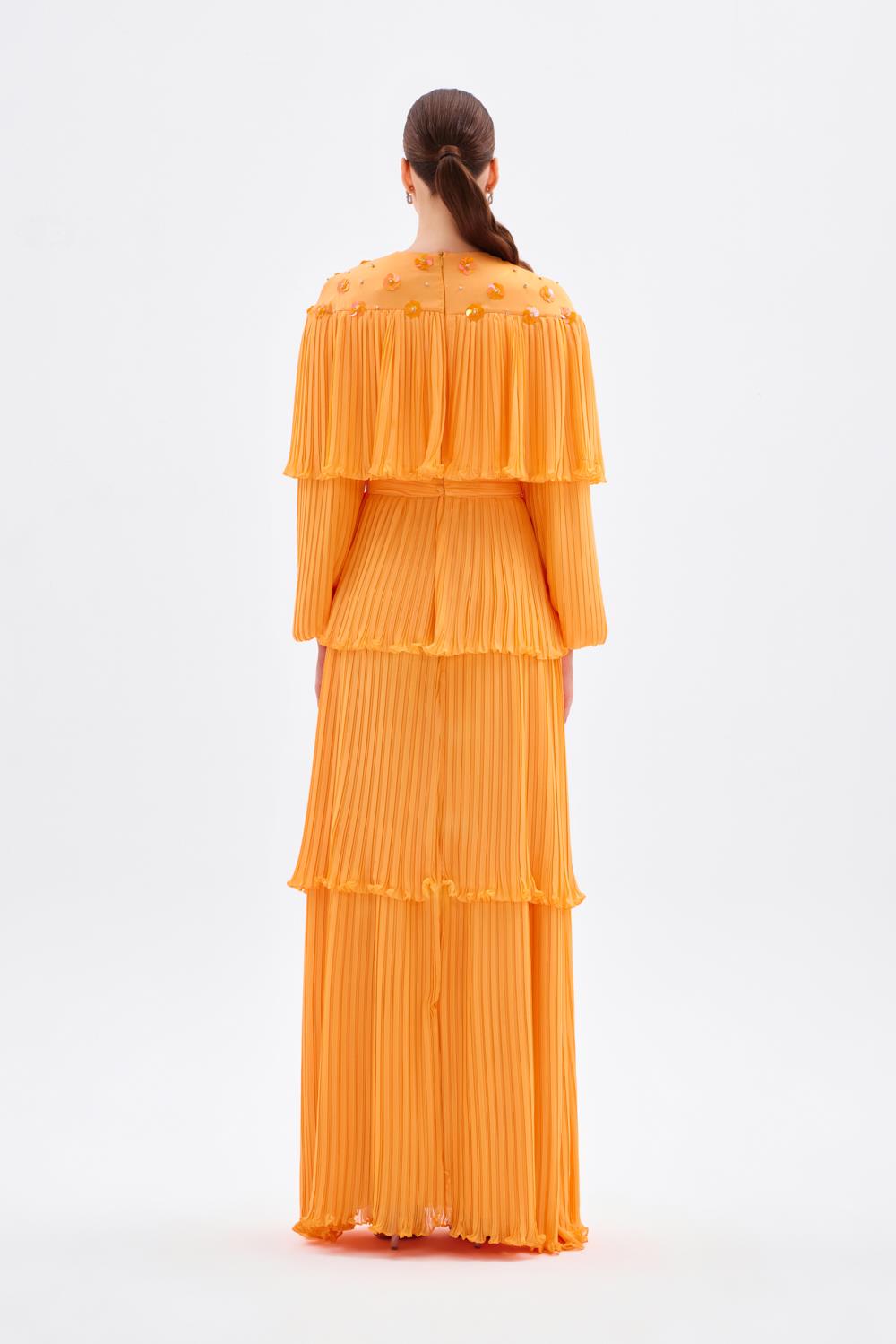 Papatya İşlemeli Piliseli Şifon Uzun Abiye Elbise - 9179C