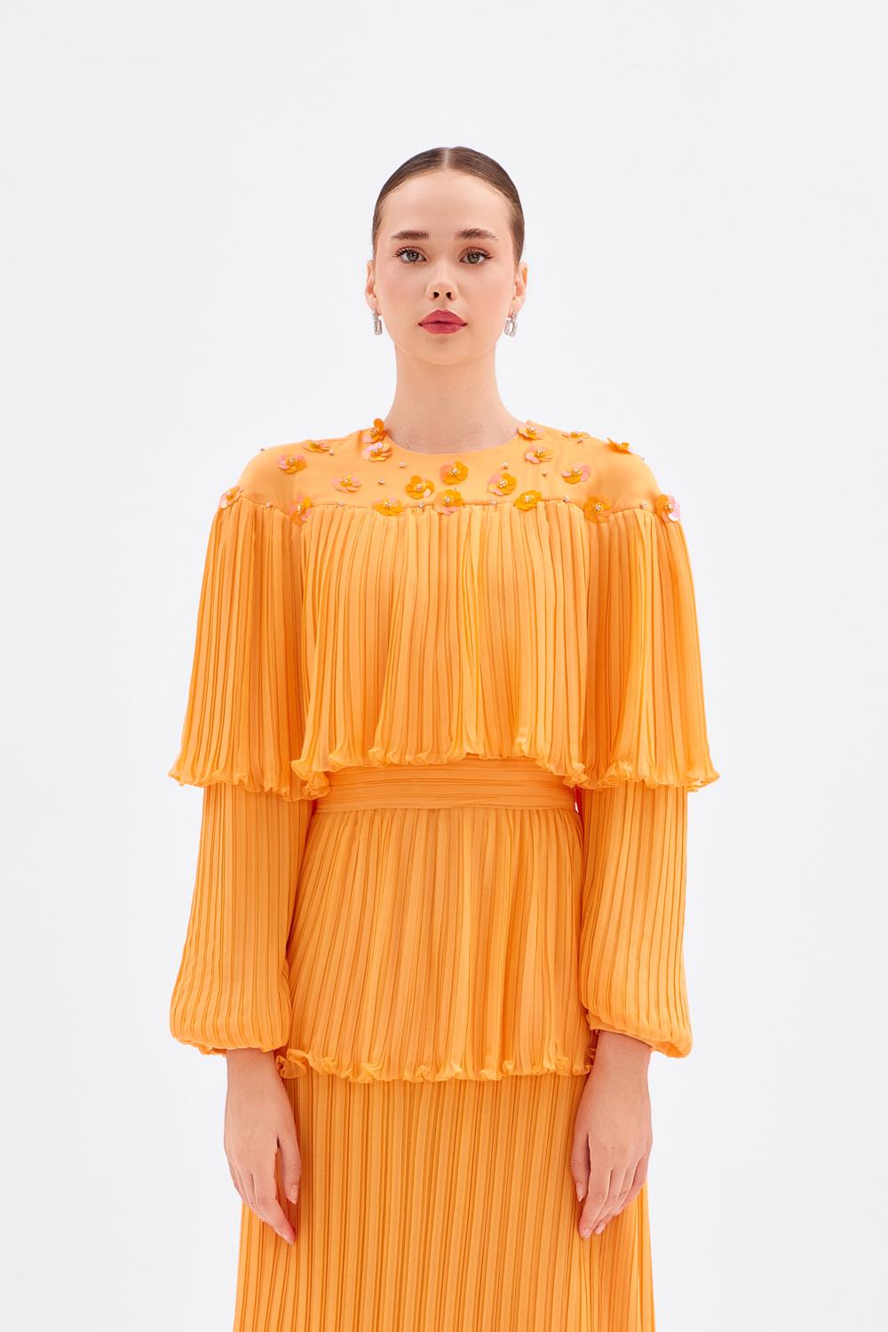 Papatya İşlemeli Piliseli Şifon Uzun Abiye Elbise - 9179C