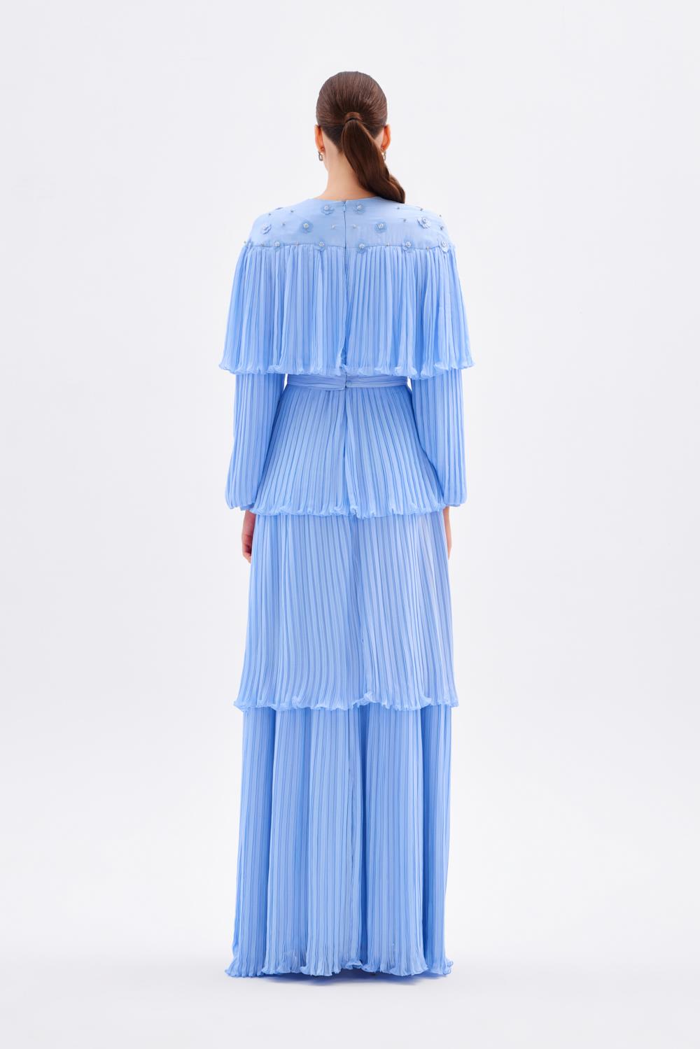 Papatya İşlemeli Piliseli Şifon Uzun Abiye Elbise - 9179C