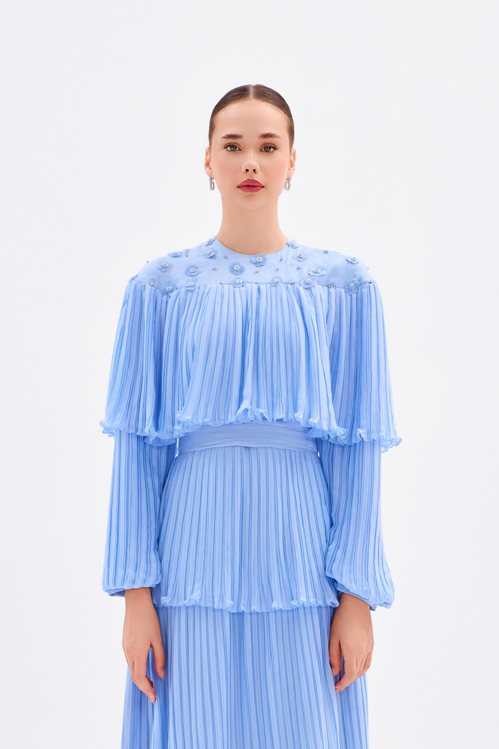 Papatya İşlemeli Piliseli Şifon Uzun Abiye Elbise - 9179C