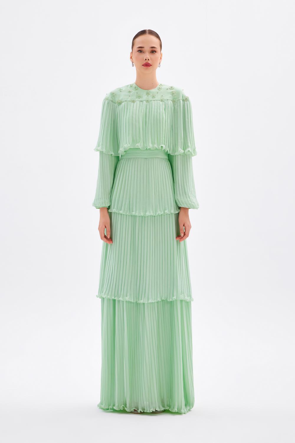 Papatya İşlemeli Piliseli Şifon Uzun Abiye Elbise - 9179C