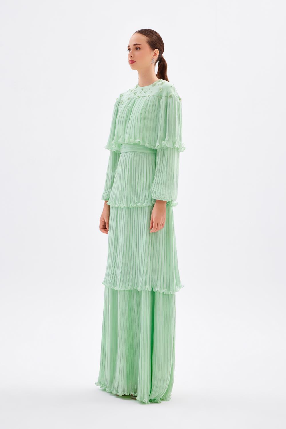 Papatya İşlemeli Piliseli Şifon Uzun Abiye Elbise - 9179C