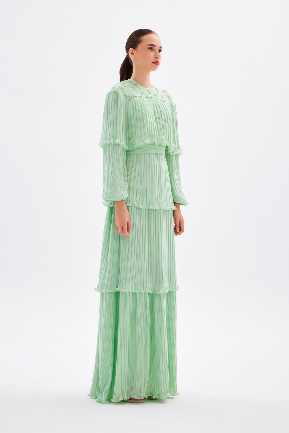 Papatya İşlemeli Piliseli Şifon Uzun Abiye Elbise - 9179C