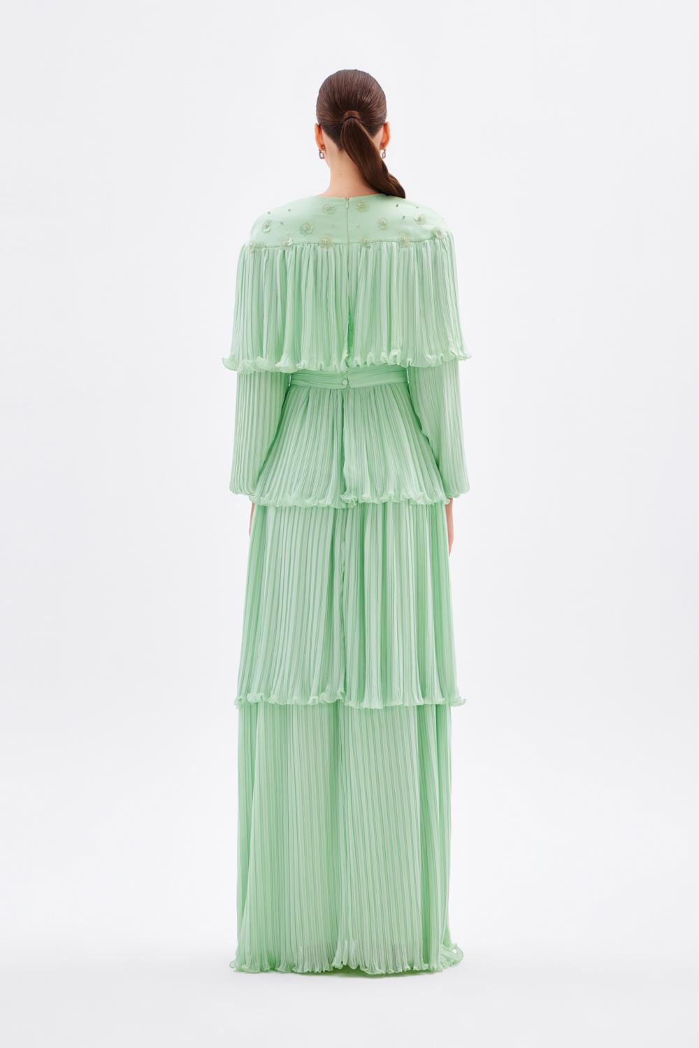 Papatya İşlemeli Piliseli Şifon Uzun Abiye Elbise - 9179C