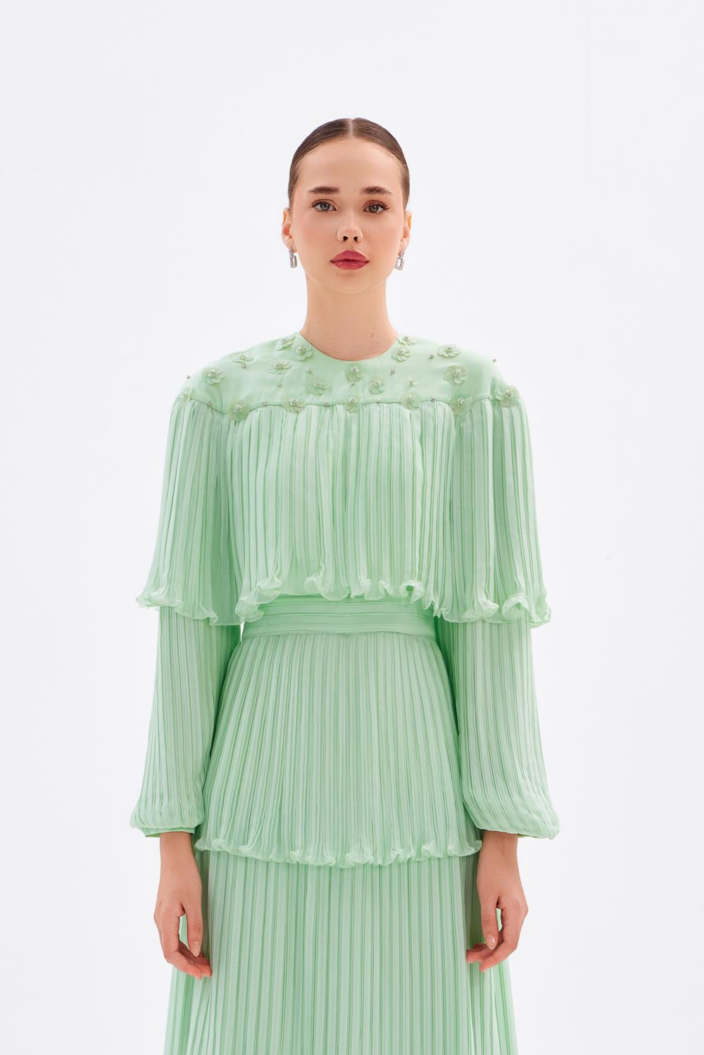 Papatya İşlemeli Piliseli Şifon Uzun Abiye Elbise - 9179C