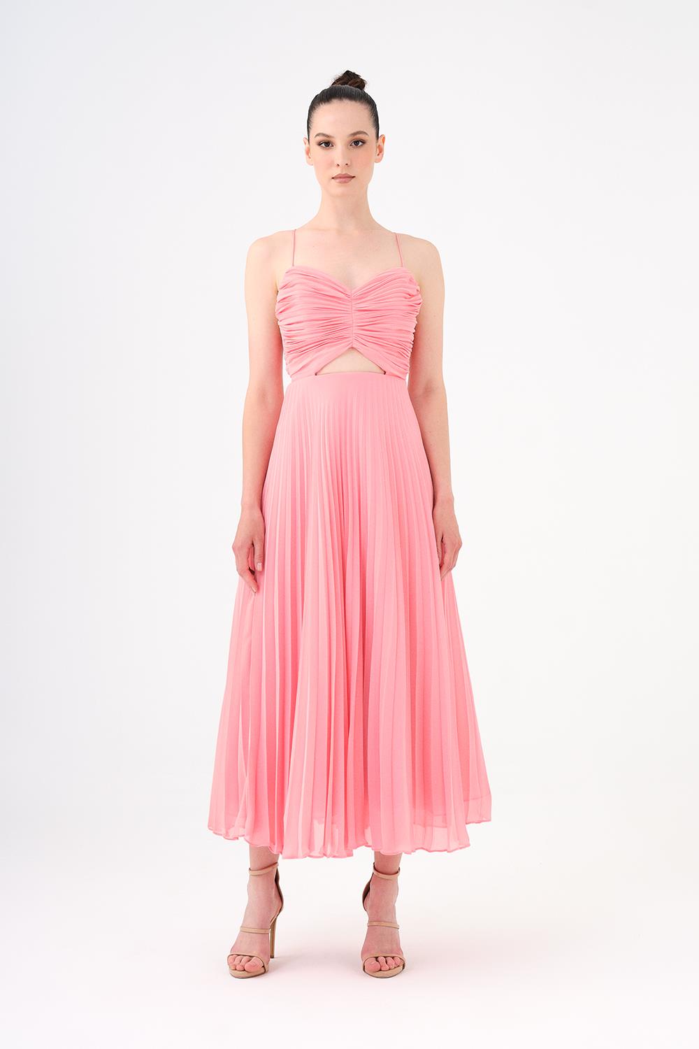 Piliseli Askılı Midi Abiye Elbise - 9181C