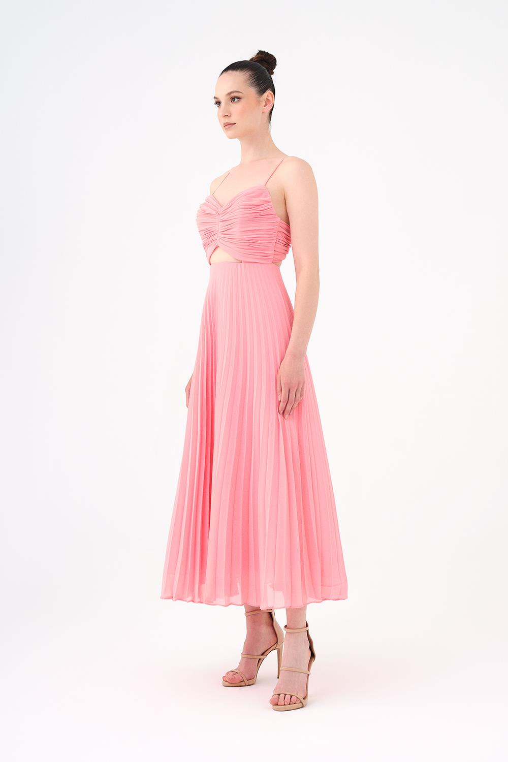 Piliseli Askılı Midi Abiye Elbise - 9181C