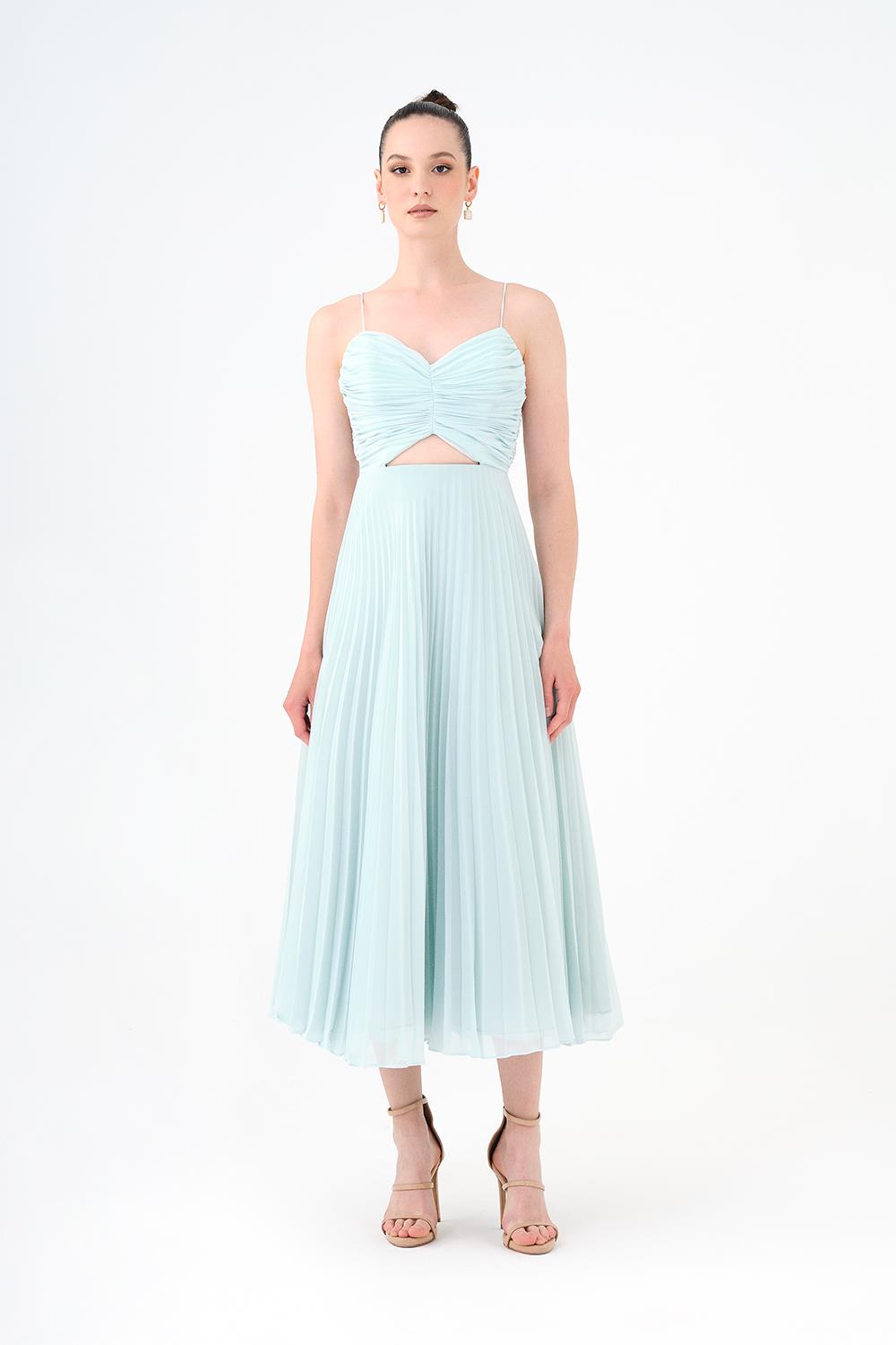 Piliseli Askılı Midi Abiye Elbise - 9181C