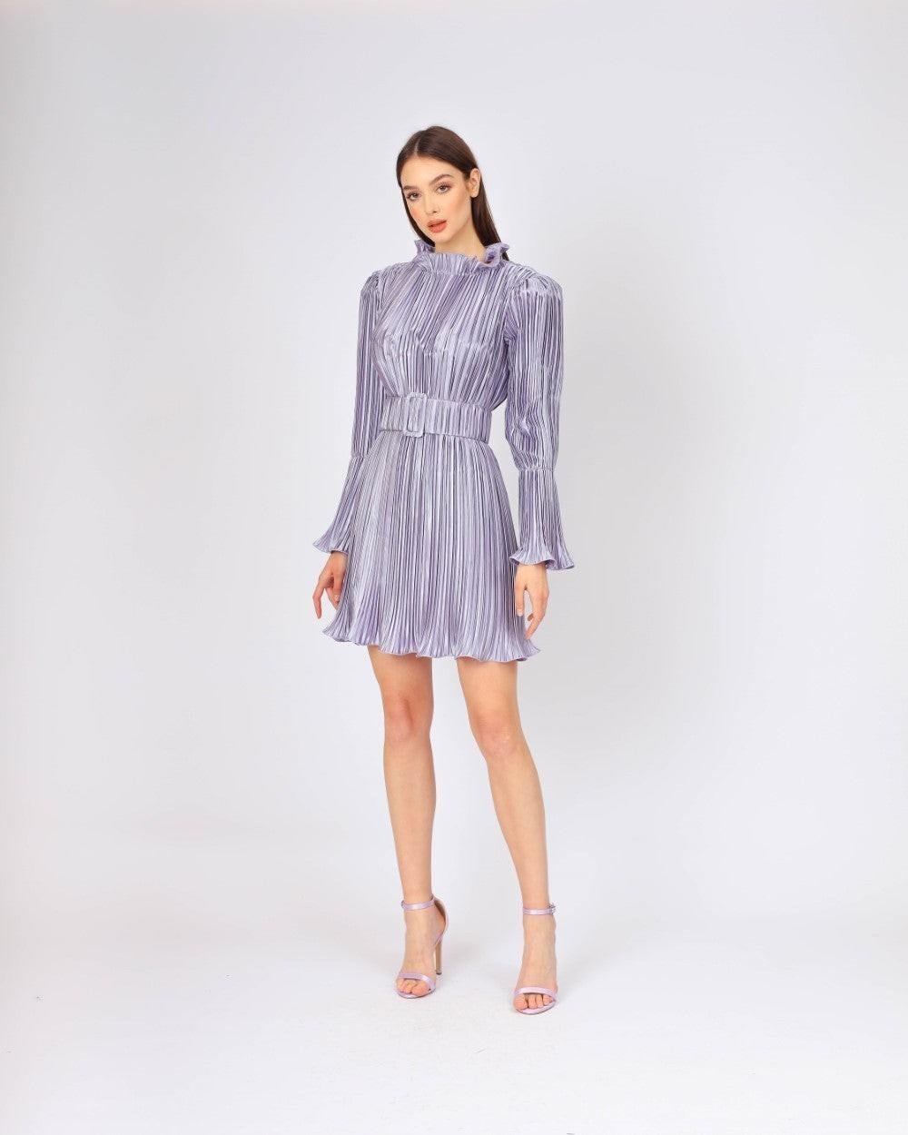 Kemer Detaylı Piliseli Uzun Kollu Kısa Abiye Elbise - 4037C