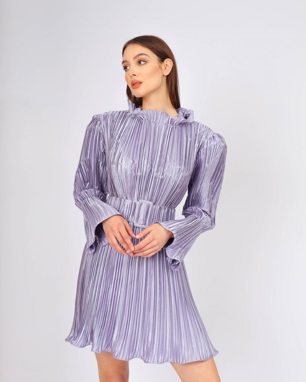 Kemer Detaylı Piliseli Uzun Kollu Kısa Abiye Elbise - 4037C