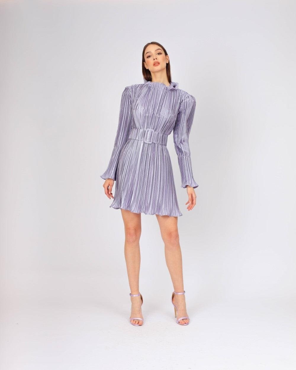 Kemer Detaylı Piliseli Uzun Kollu Kısa Abiye Elbise - 4037C