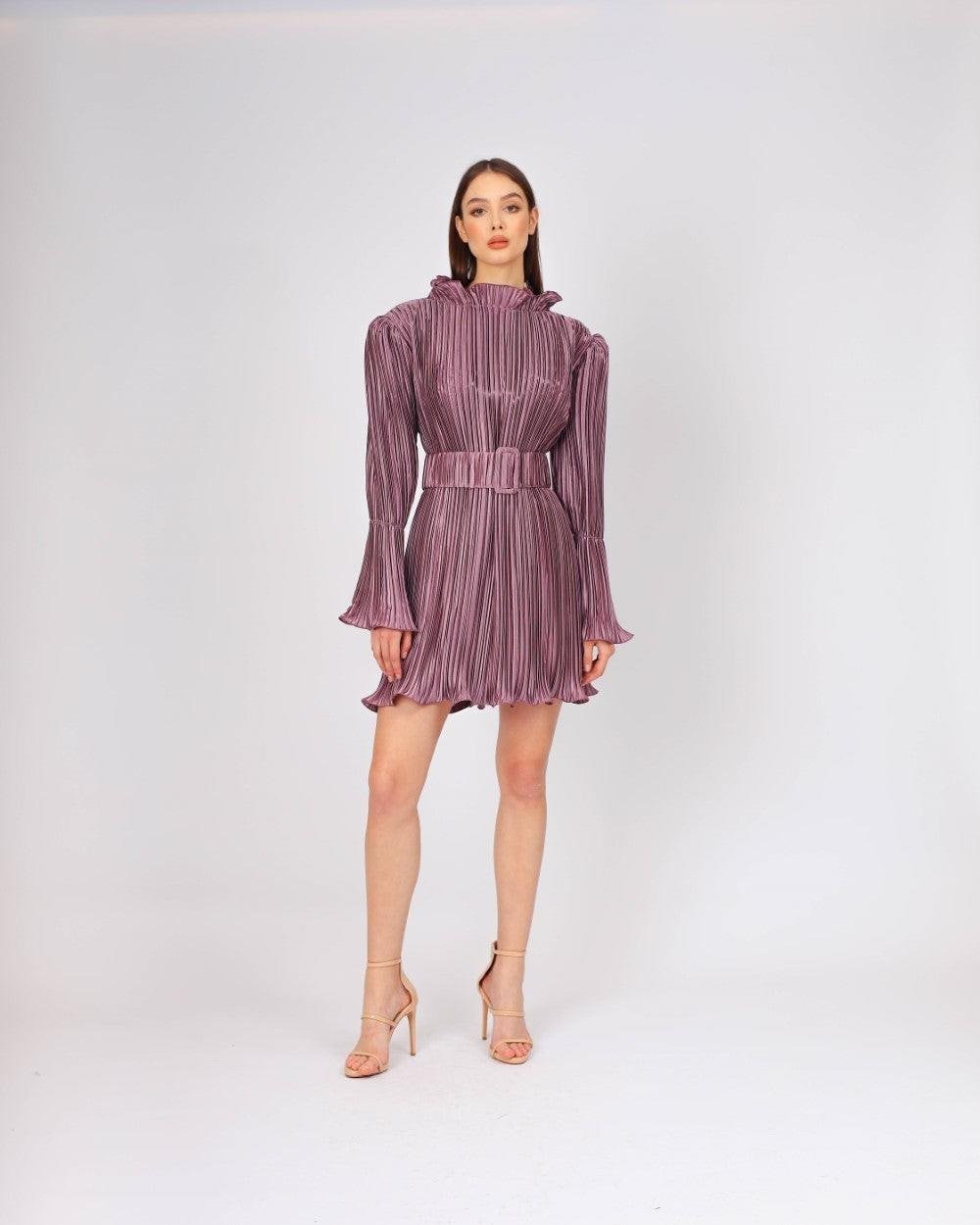 Kemer Detaylı Piliseli Uzun Kollu Kısa Abiye Elbise - 4037C