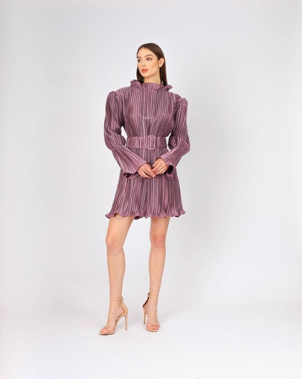 Kemer Detaylı Piliseli Uzun Kollu Kısa Abiye Elbise - 4037C