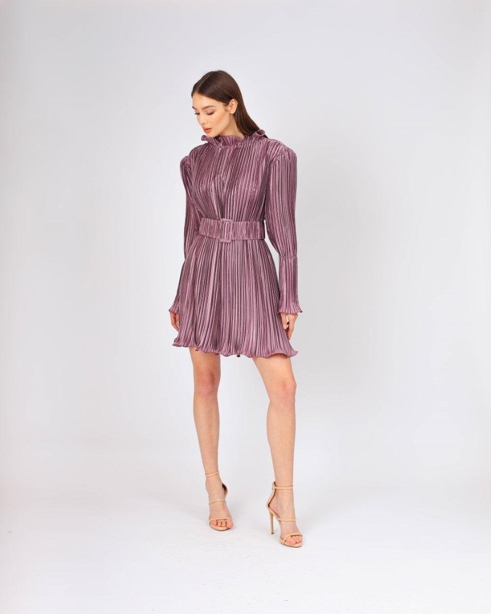 Kemer Detaylı Piliseli Uzun Kollu Kısa Abiye Elbise - 4037C