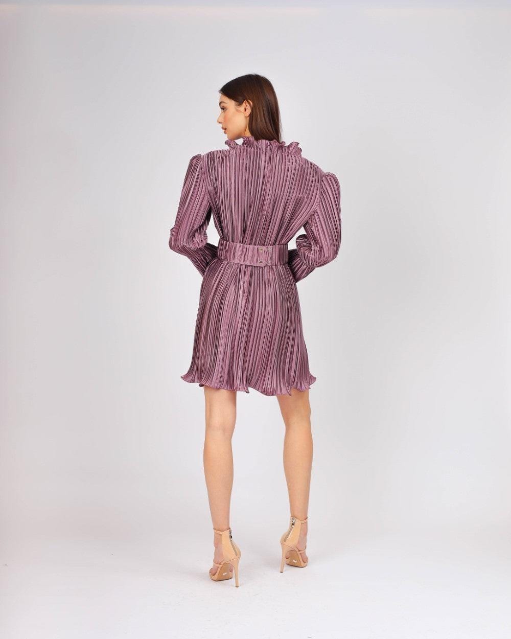 Kemer Detaylı Piliseli Uzun Kollu Kısa Abiye Elbise - 4037C