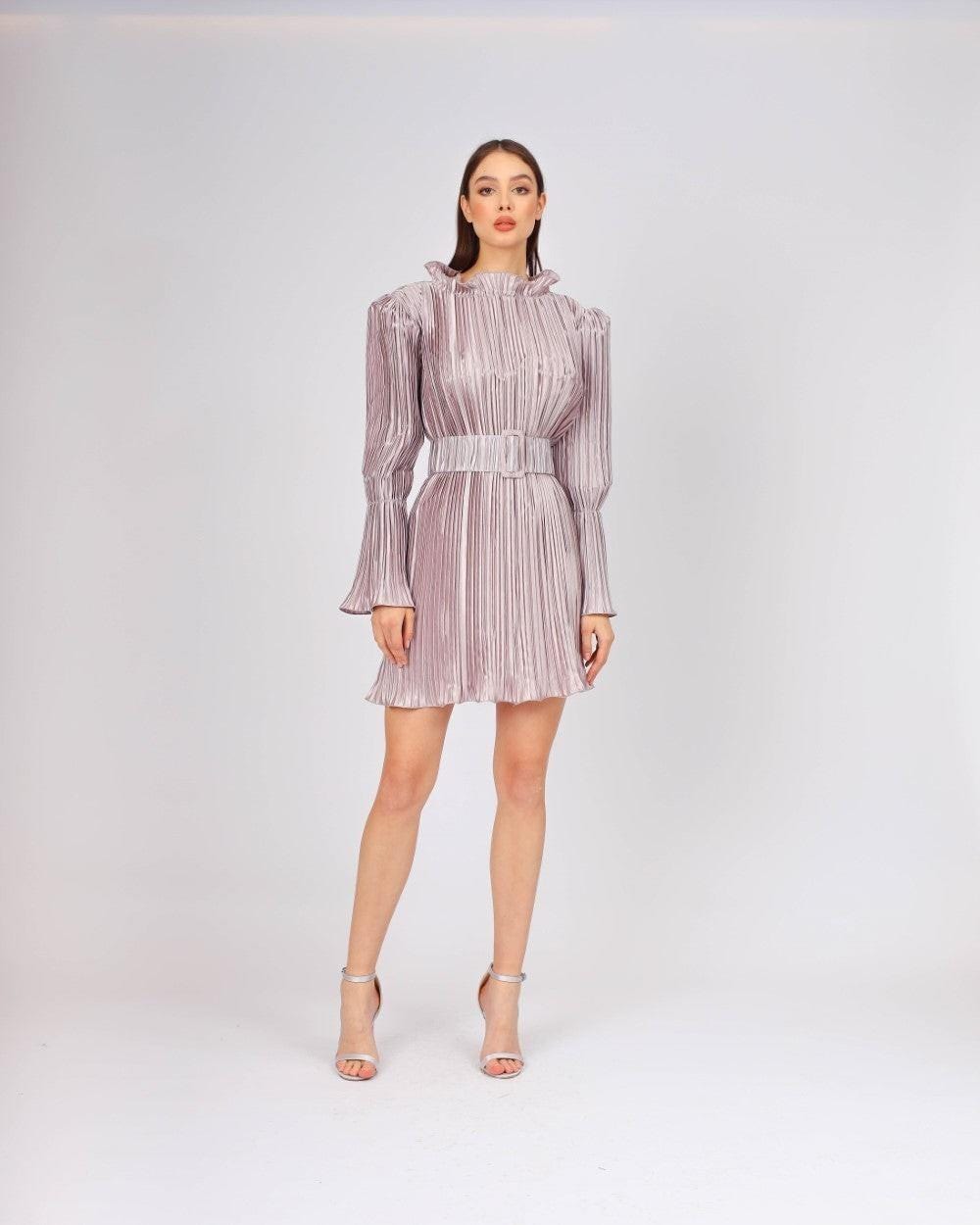 Kemer Detaylı Piliseli Uzun Kollu Kısa Abiye Elbise - 4037C