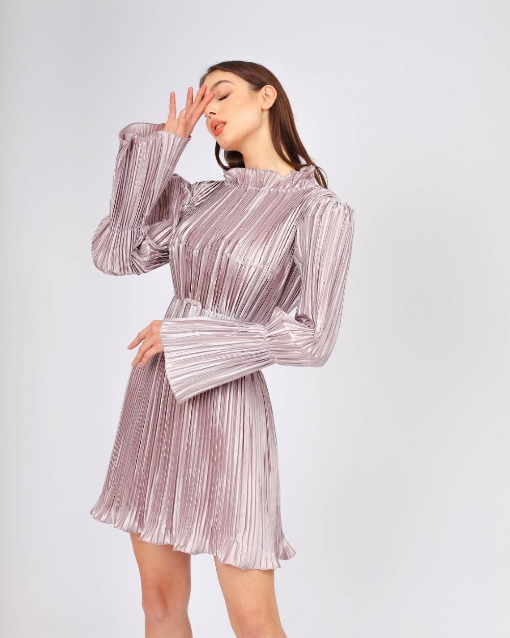 Kemer Detaylı Piliseli Uzun Kollu Kısa Abiye Elbise - 4037C