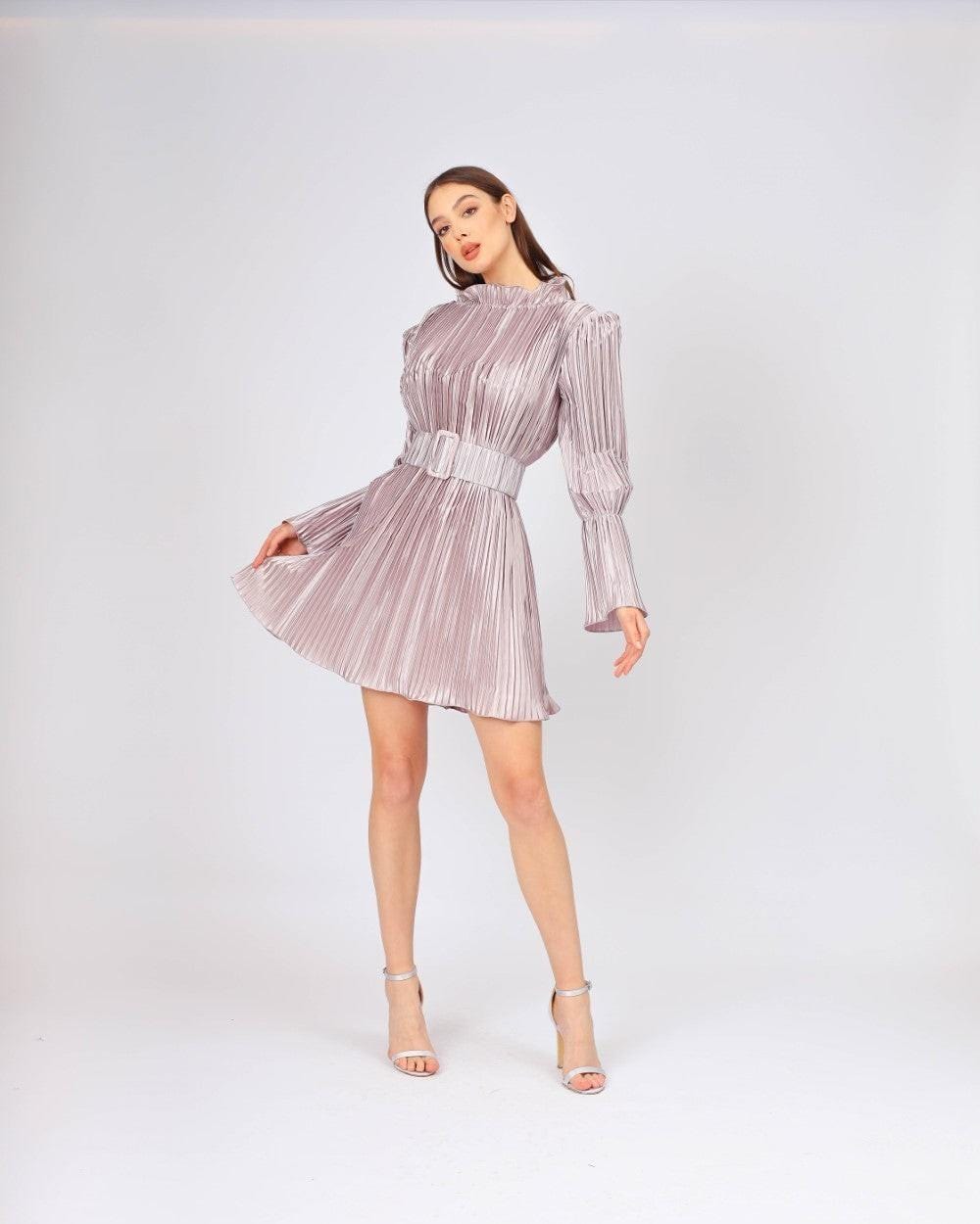 Kemer Detaylı Piliseli Uzun Kollu Kısa Abiye Elbise - 4037C