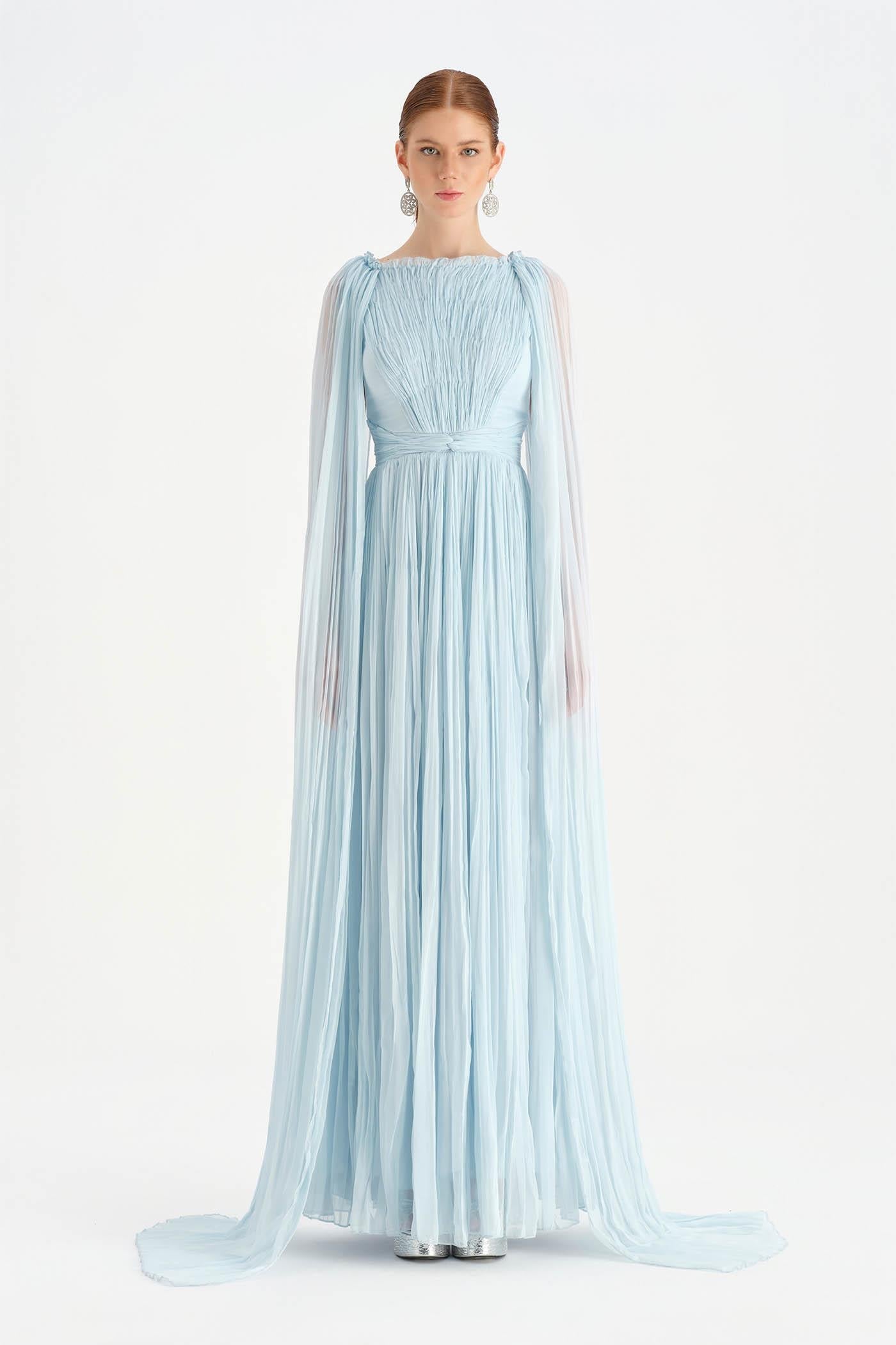 Cape Sleeve Pleated Chiffon Evening Dress - 26076C