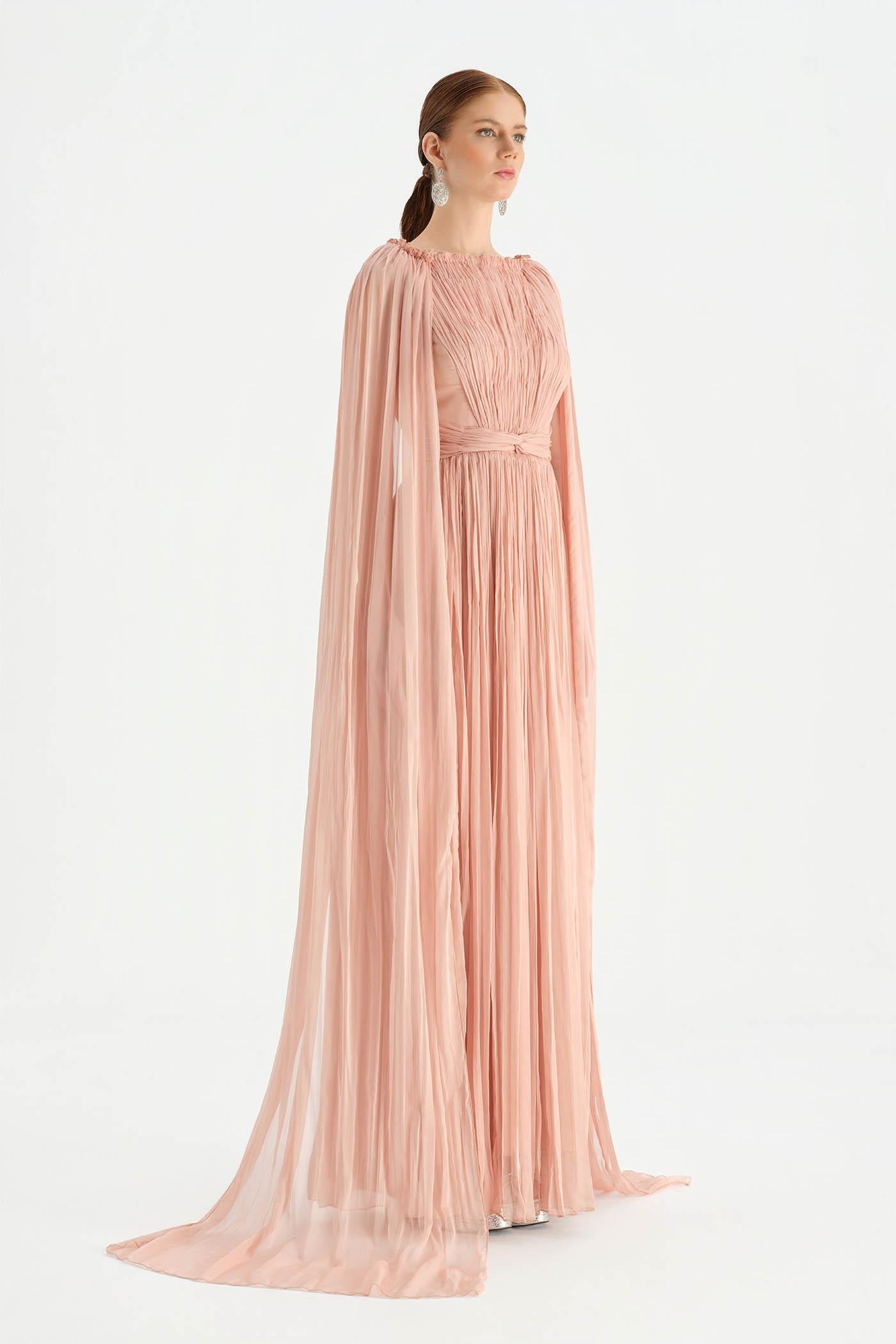 Cape Sleeve Pleated Chiffon Evening Dress - 26076C