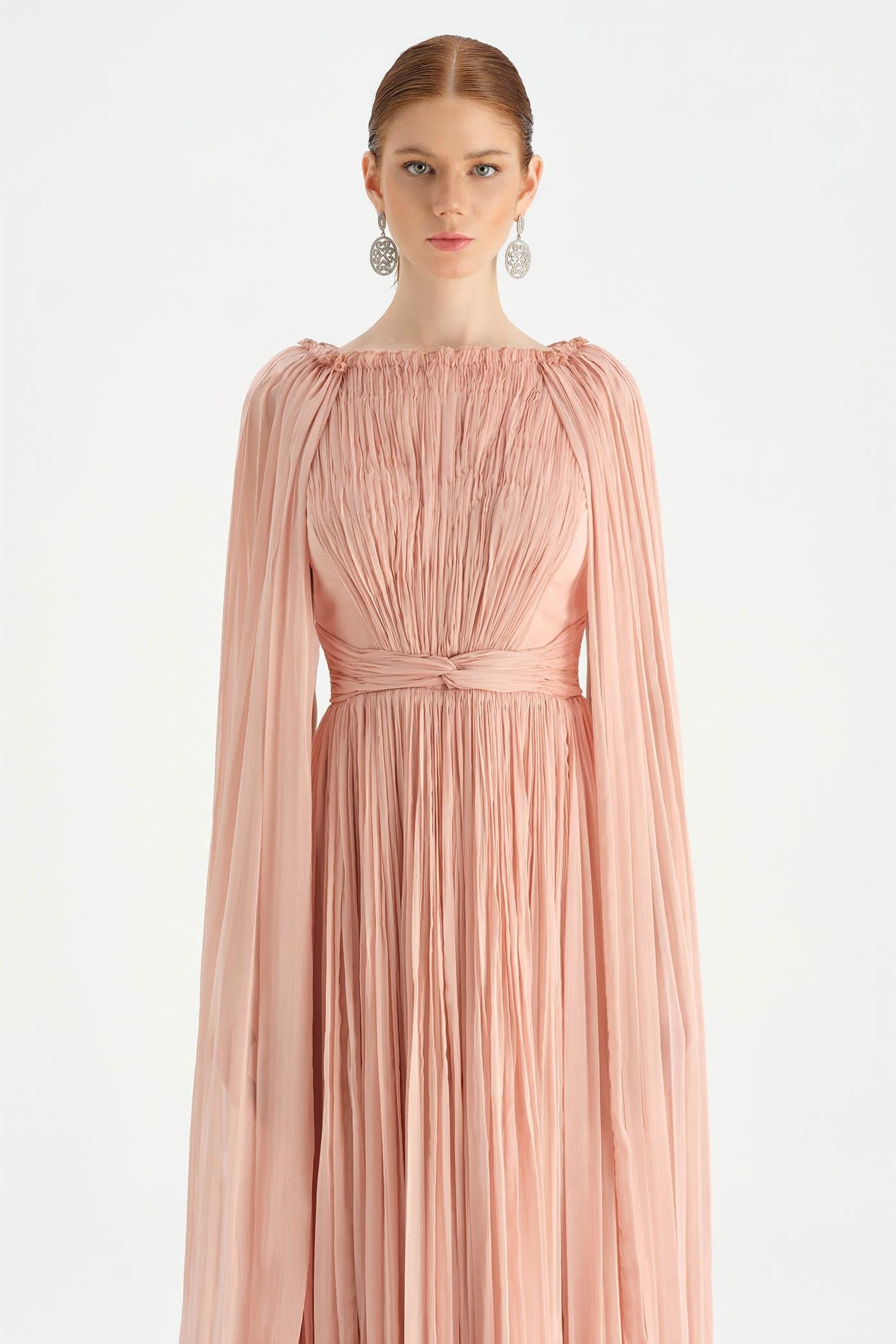 Cape Sleeve Pleated Chiffon Evening Dress - 26076C