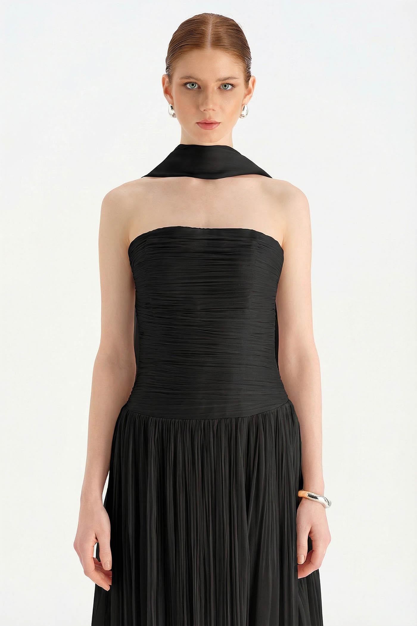 Pleated High-Slit Halter Neck Evening Dress with Shawl - 26188C