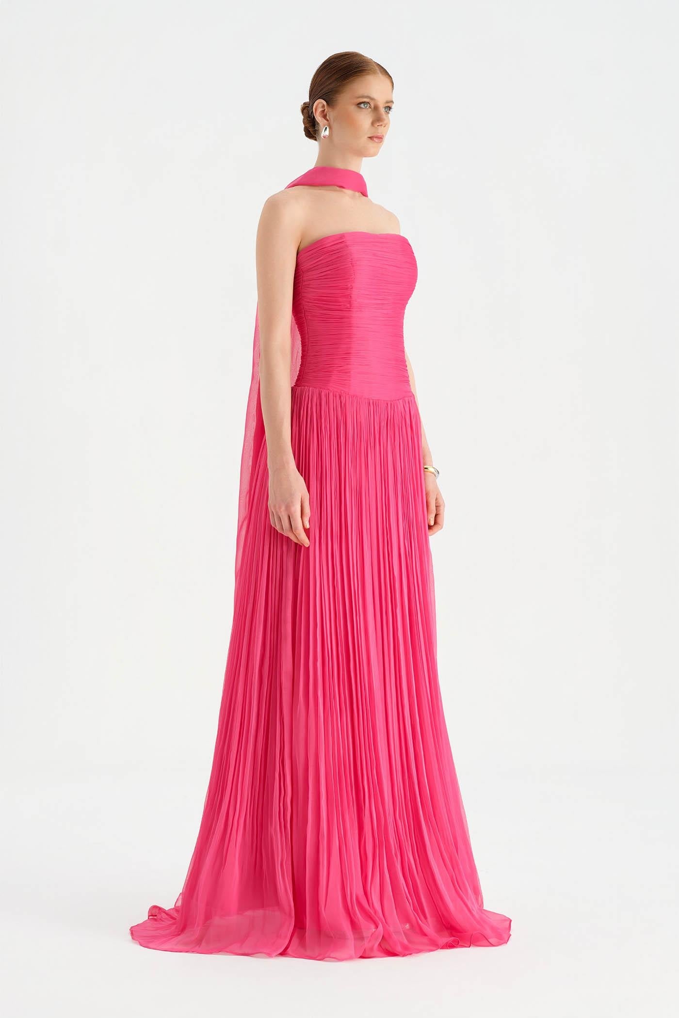 Pleated High-Slit Halter Neck Evening Dress with Shawl - 26188C