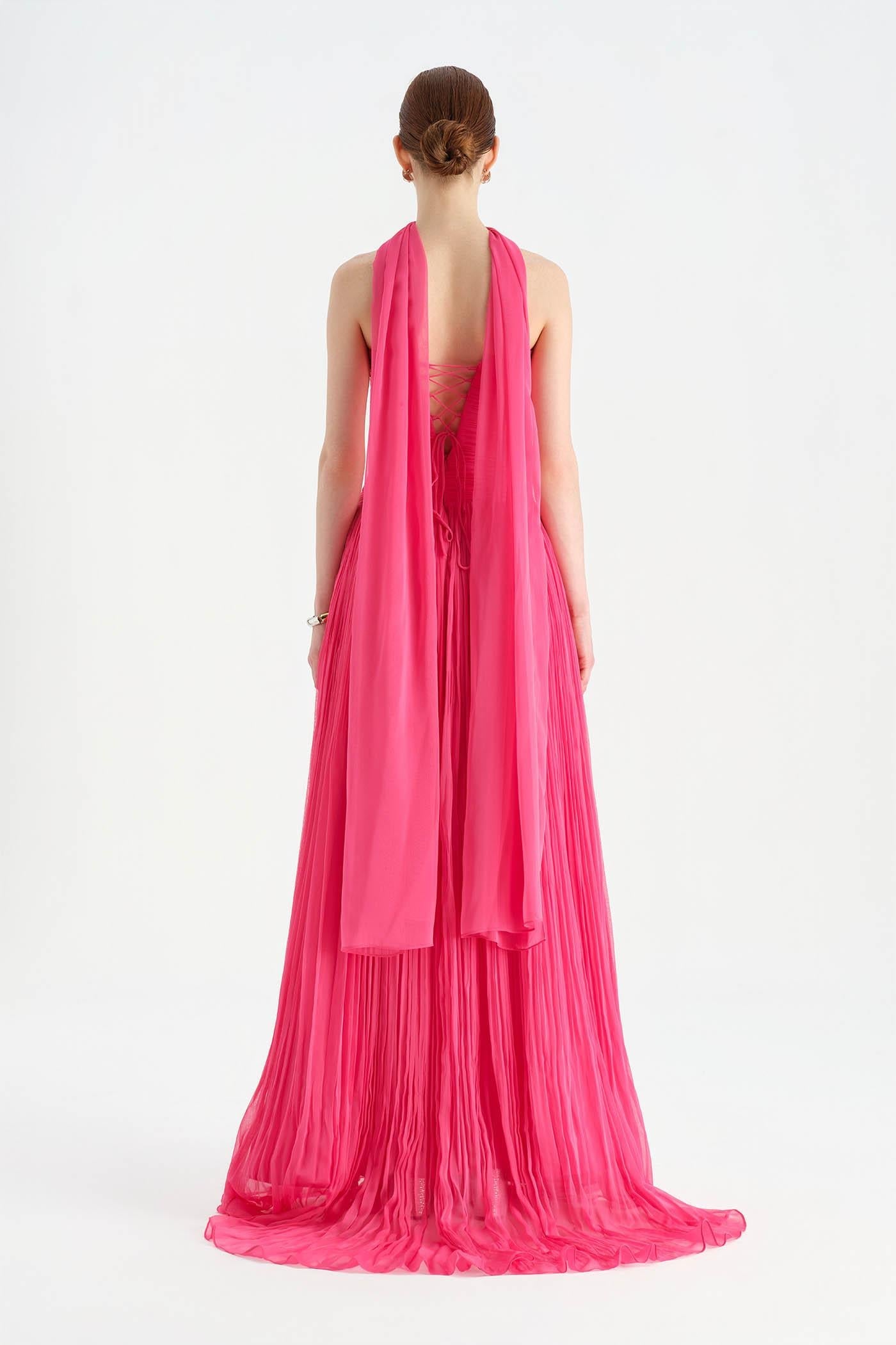 Pleated High-Slit Halter Neck Evening Dress with Shawl - 26188C