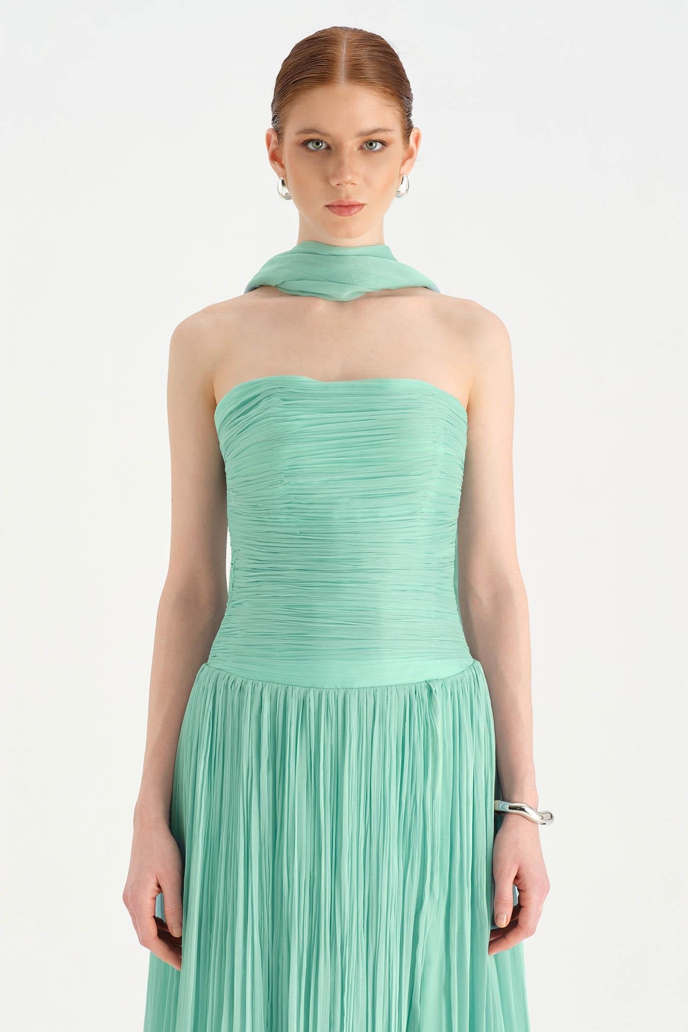 Pleated High-Slit Halter Neck Evening Dress with Shawl - 26188C