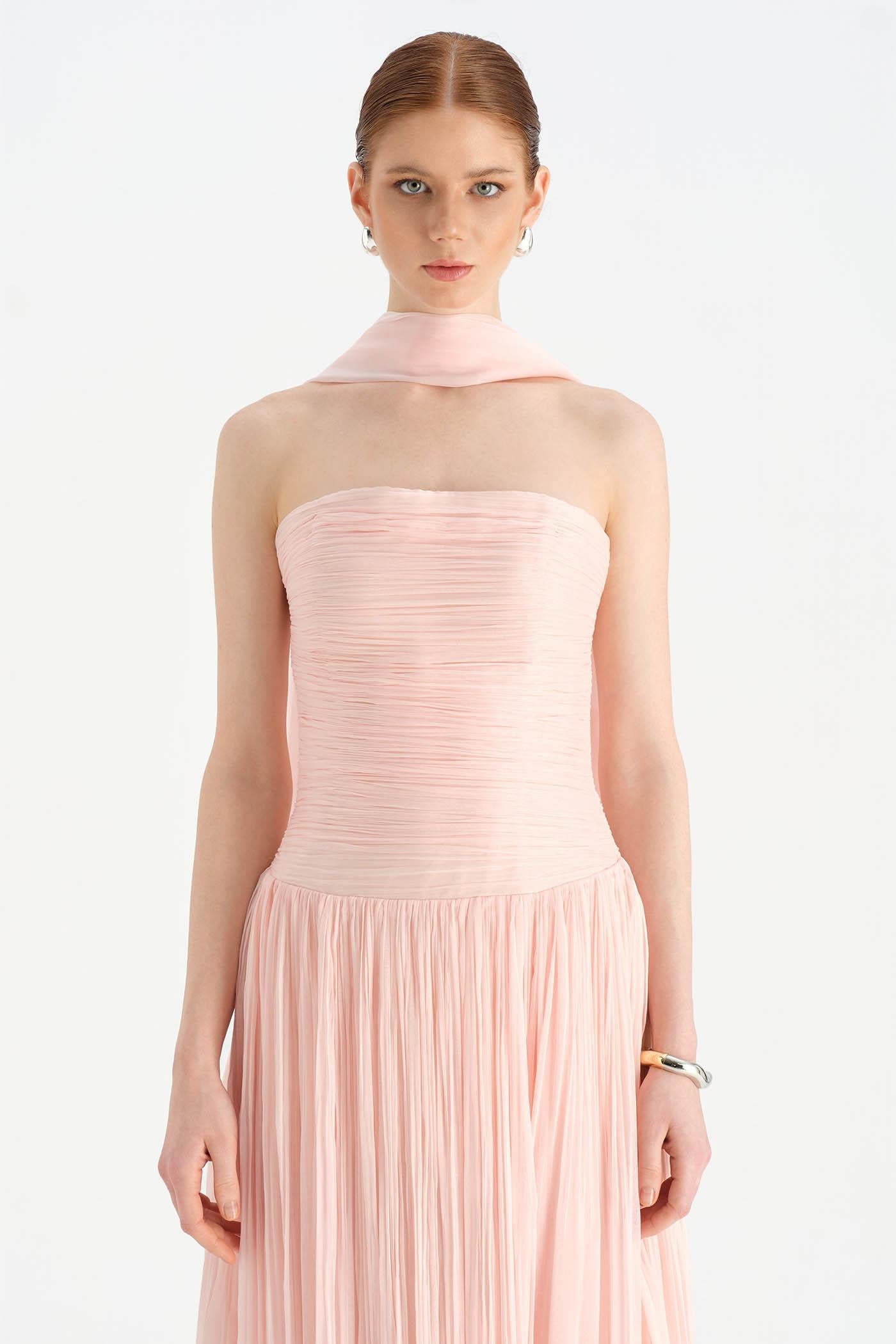 Pleated High-Slit Halter Neck Evening Dress with Shawl - 26188C