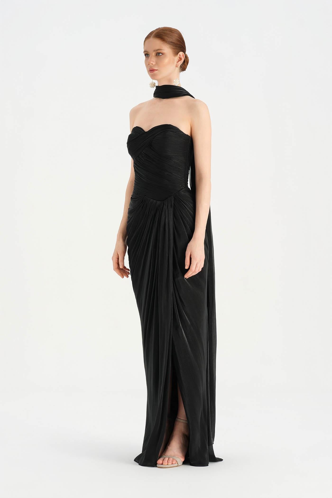 Shawl-Detail Pleated Draped Shiny Chiffon Evening Dress - 26002C