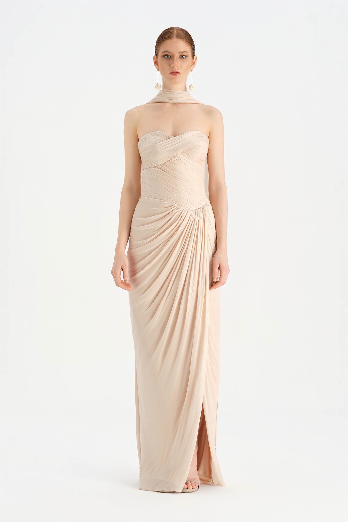 Shawl-Detail Pleated Draped Shiny Chiffon Evening Dress - 26002C