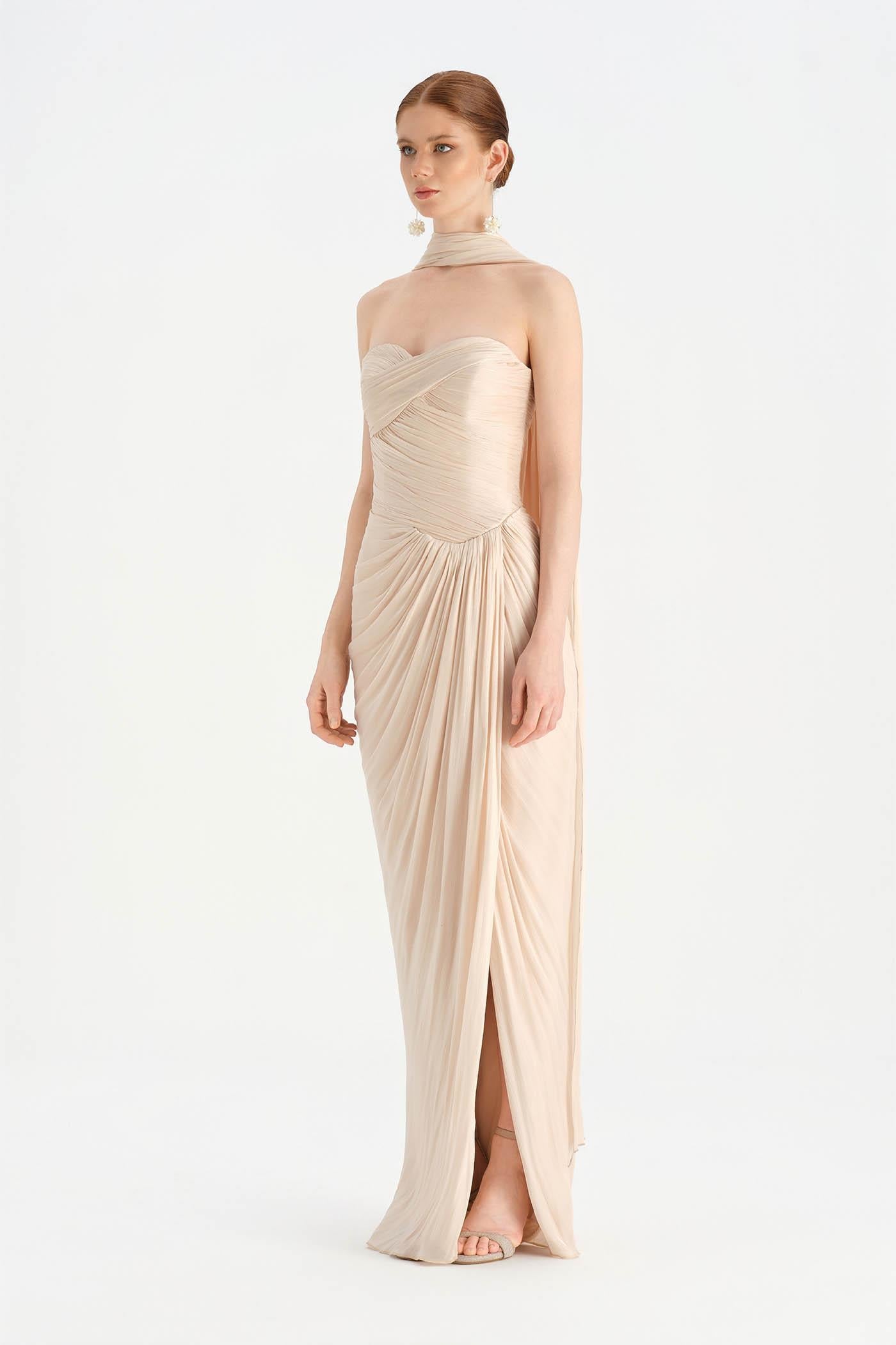 Shawl-Detail Pleated Draped Shiny Chiffon Evening Dress - 26002C