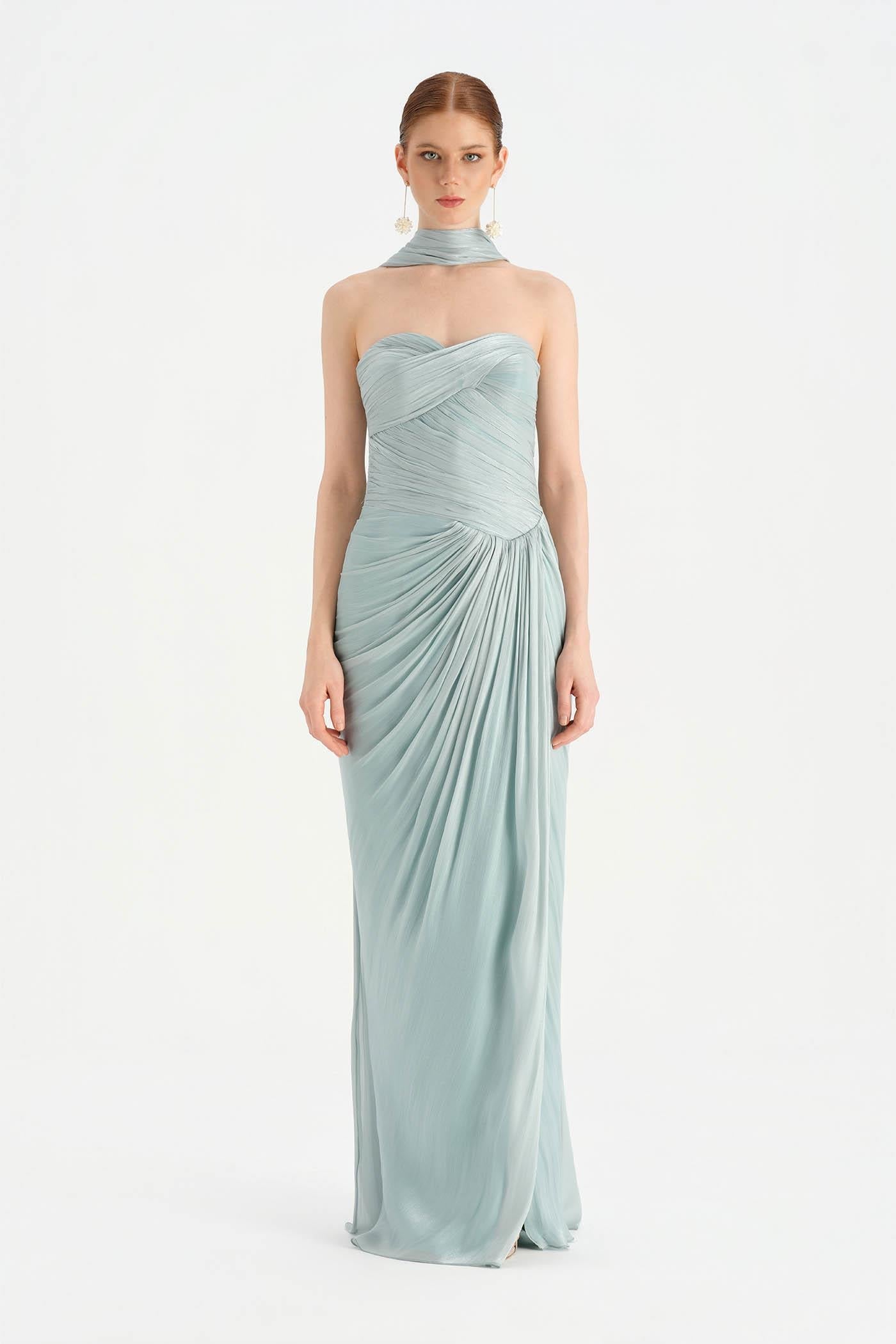 Shawl-Detail Pleated Draped Shiny Chiffon Evening Dress - 26002C