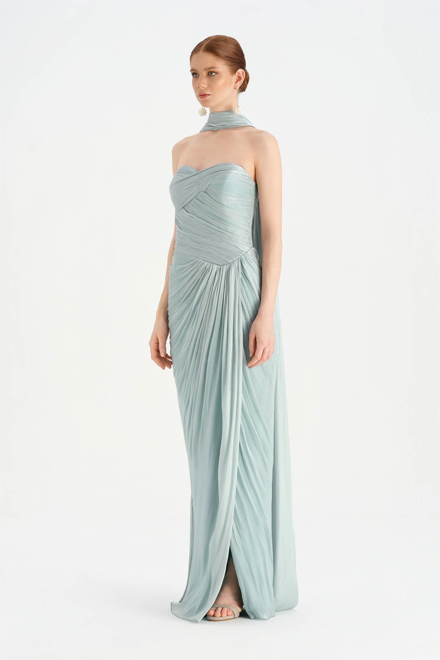 Shawl-Detail Pleated Draped Shiny Chiffon Evening Dress - 26002C