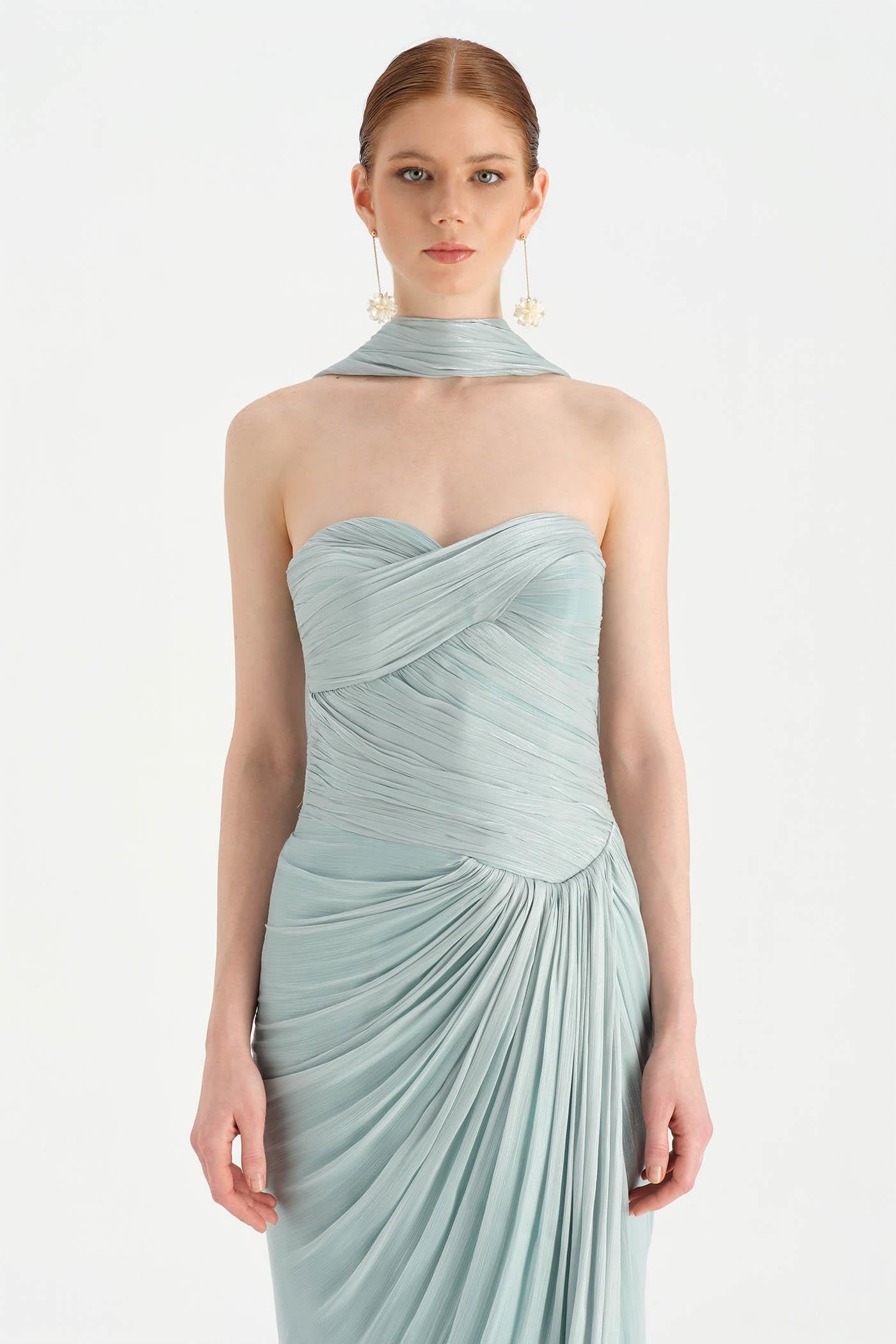 Shawl-Detail Pleated Draped Shiny Chiffon Evening Dress - 26002C
