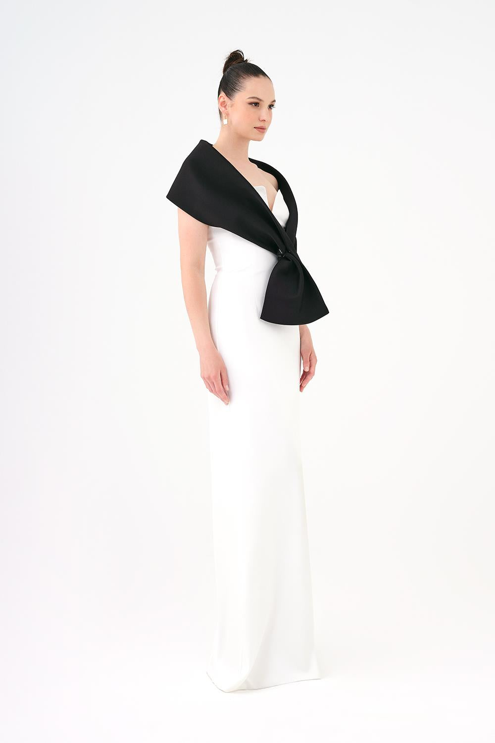 Şallı Straplez Yaka Saten Uzun Abiye Elbise - 9056C