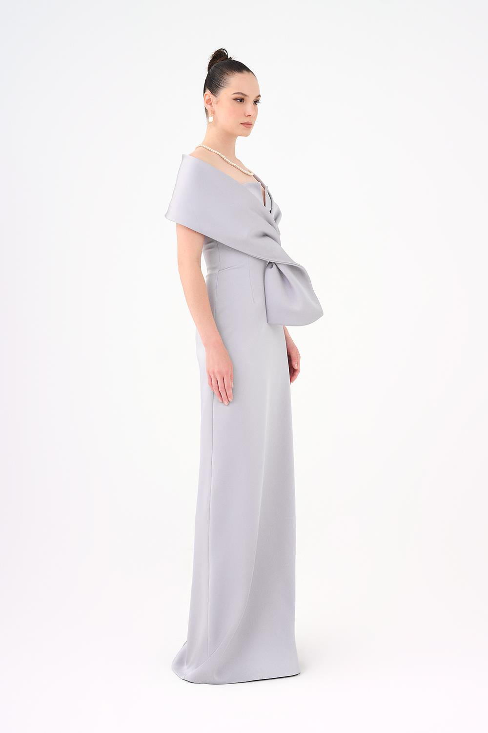 Şallı Straplez Yaka Saten Uzun Abiye Elbise - 9056C