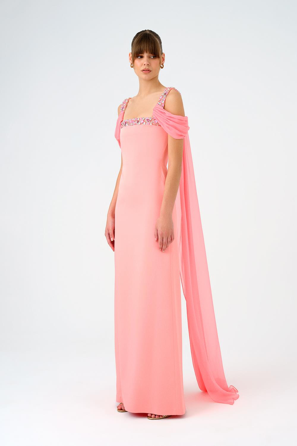 Şifon Pelerinli Taş İşlemeli Askılı Uzun Abiye Elbise - 9053C