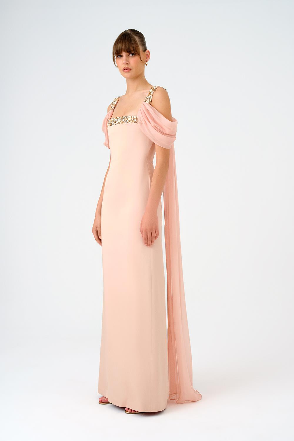 Şifon Pelerinli Taş İşlemeli Askılı Uzun Abiye Elbise - 9053C