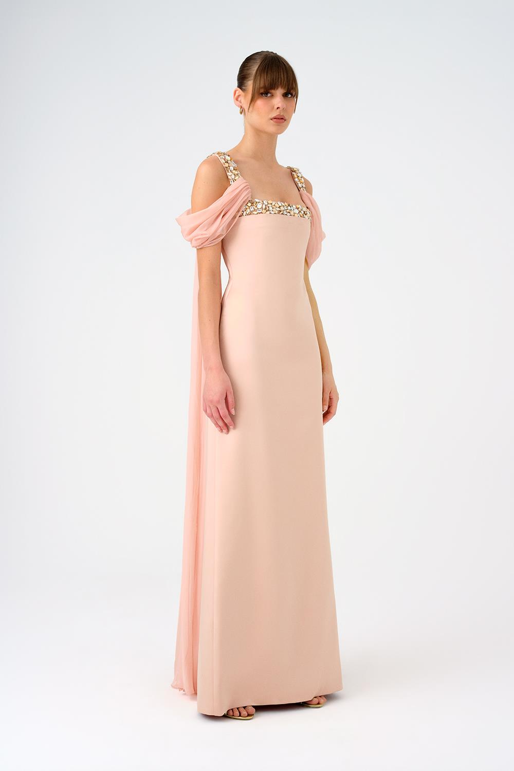 Şifon Pelerinli Taş İşlemeli Askılı Uzun Abiye Elbise - 9053C