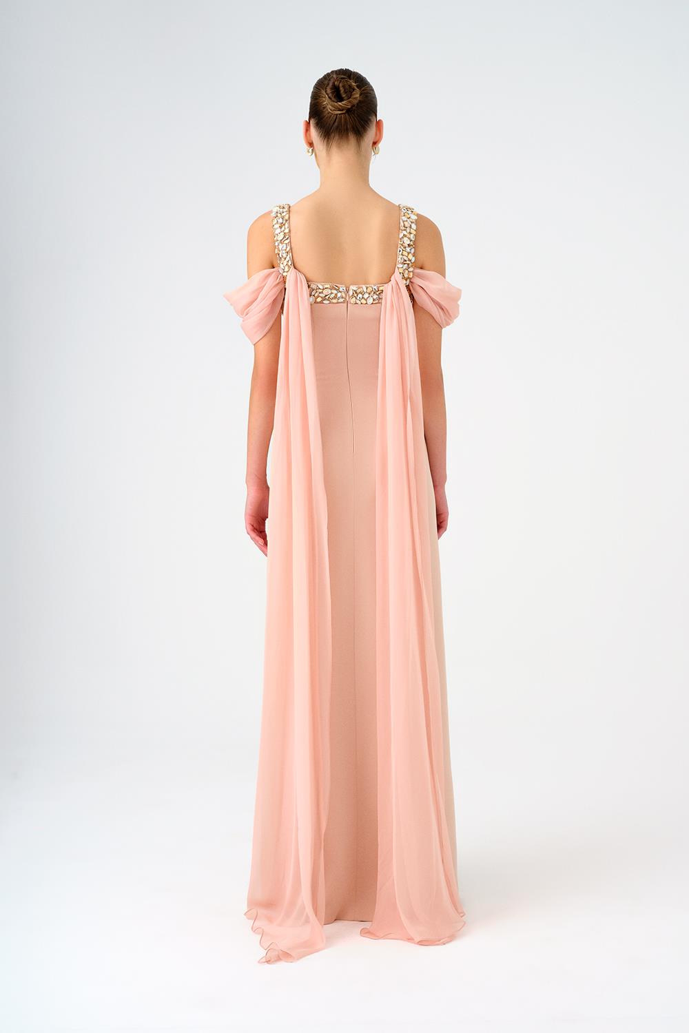 Şifon Pelerinli Taş İşlemeli Askılı Uzun Abiye Elbise - 9053C