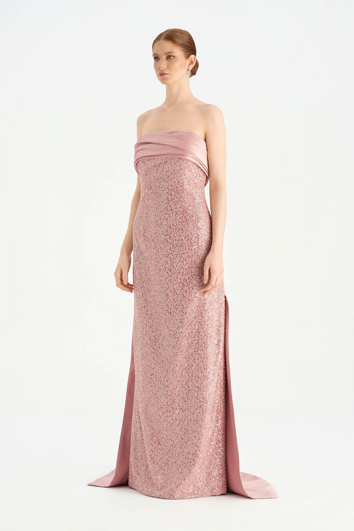 Draped Crystal-Embellished Evening Dress with Train - 26077C