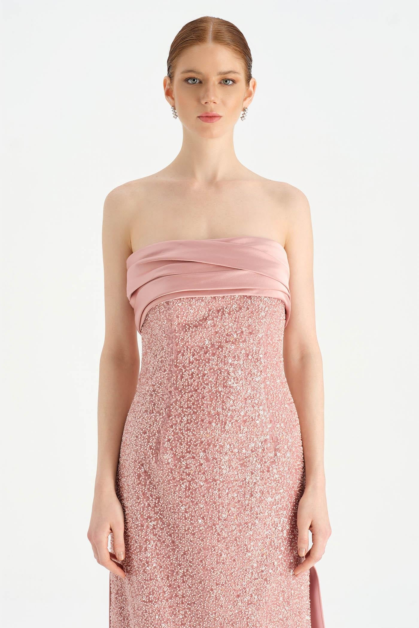 Draped Crystal-Embellished Evening Dress with Train - 26077C