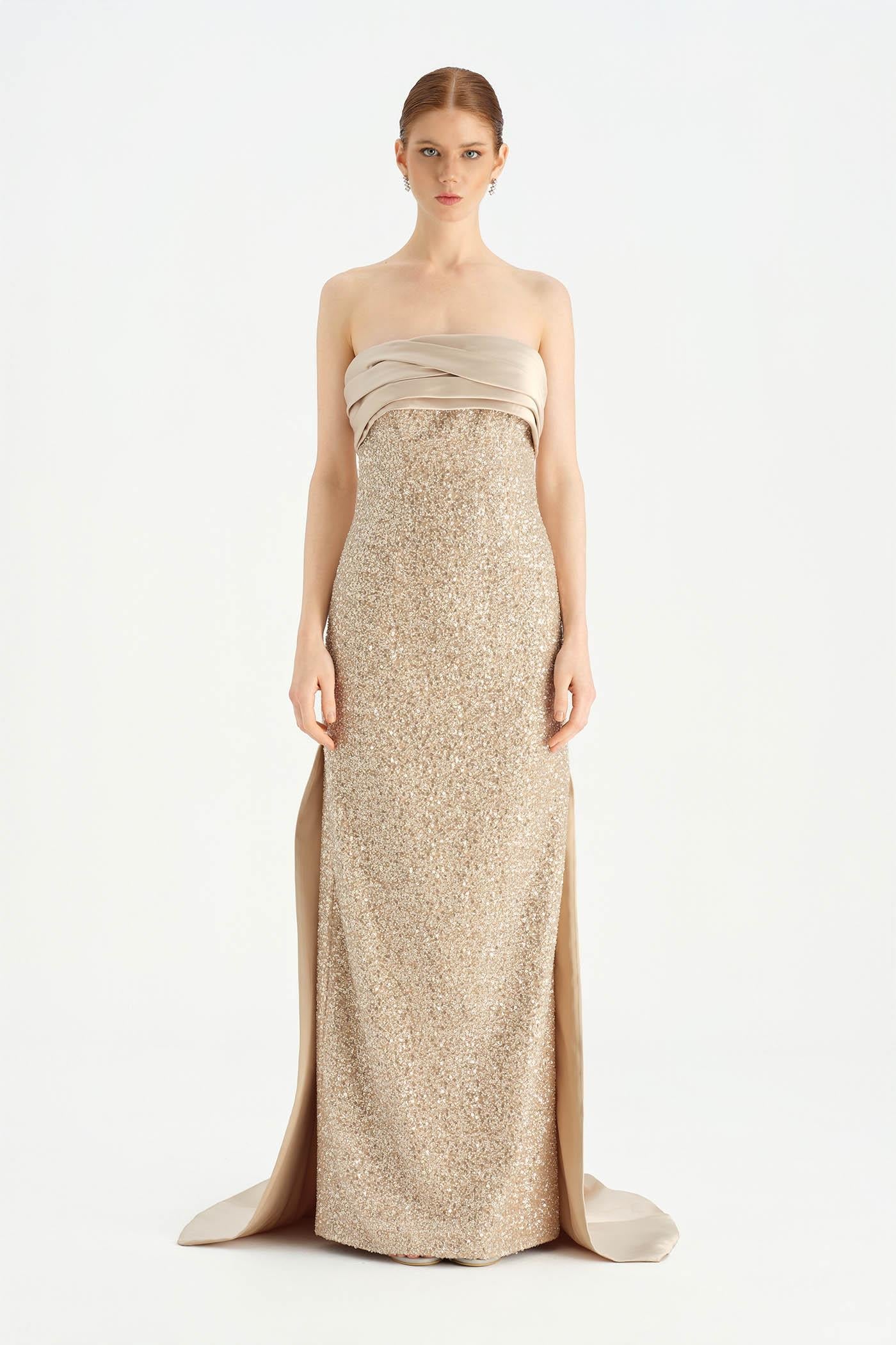 Draped Crystal-Embellished Evening Dress with Train - 26077C