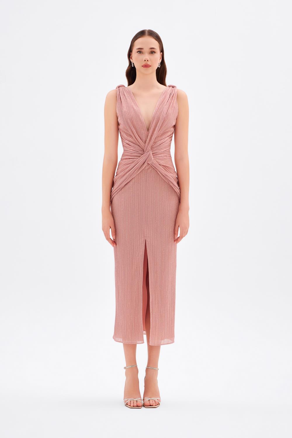 Simli V Yaka Midi Abiye Elbise - 9001C