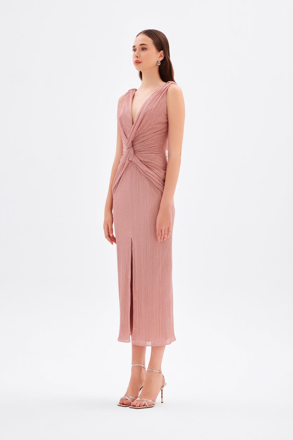 Simli V Yaka Midi Abiye Elbise - 9001C