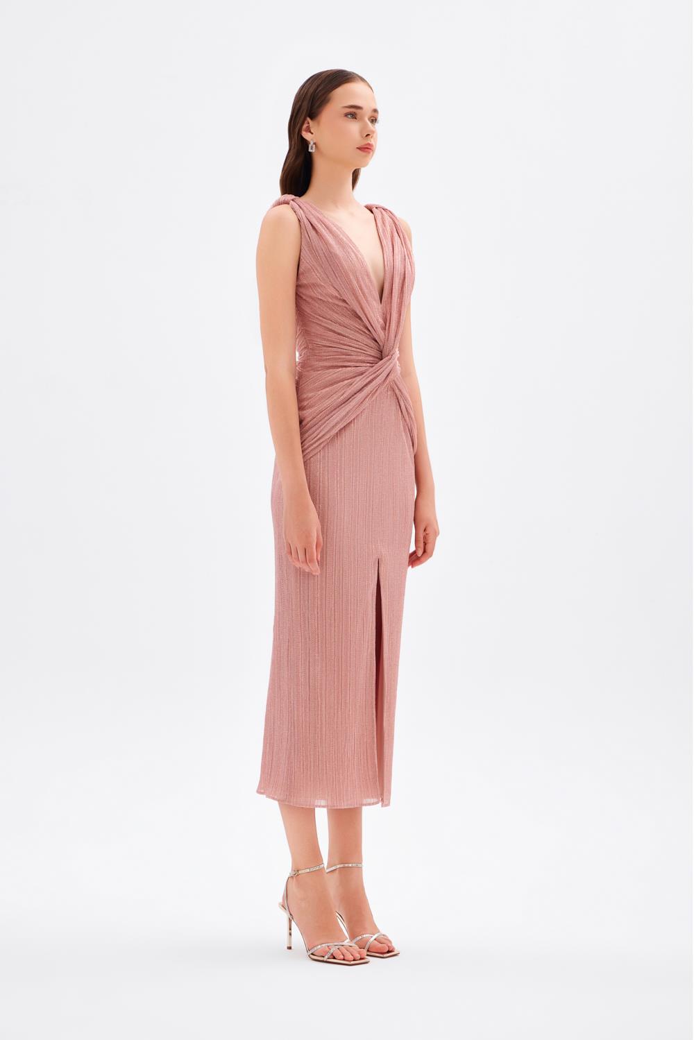 Simli V Yaka Midi Abiye Elbise - 9001C