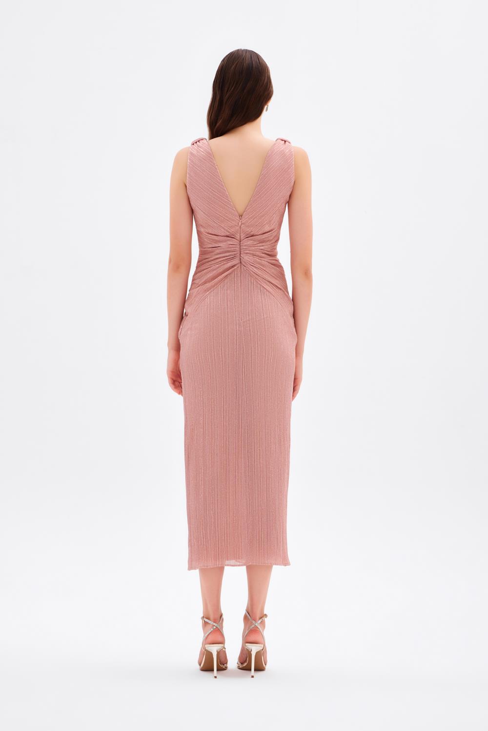 Simli V Yaka Midi Abiye Elbise - 9001C